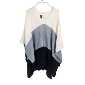 Alya Navy Blue White Color Block Striped Knit Poncho Sweater Size Small Medium